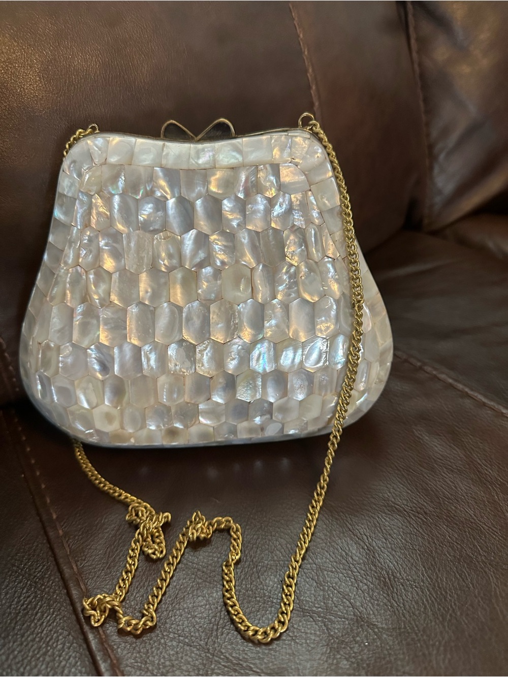 Vintage Pearlescent Shell Mosaic Clutch bag with Gold Chain - Picture 9 of 10
